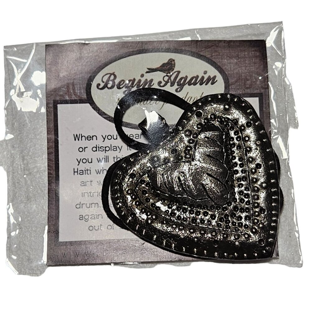 Heart Shaped Metal Pendant Necklace Black Cord Begin Again Reminder Jewelry